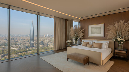 Luxury Penthouse Suite with City Skyline View: An inviting bedroom in a luxurious penthouse suite features a plush bed, sleek furnishings.