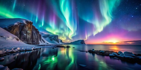 Silhouette of Coastal Cliffs Bathed in Aurora Borealis Light - Dramatic Winter Night Scene