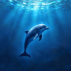 Fototapeta premium A digital painting of a dolphin swimming in the ocean, illuminated by rays of light from the top left corner.