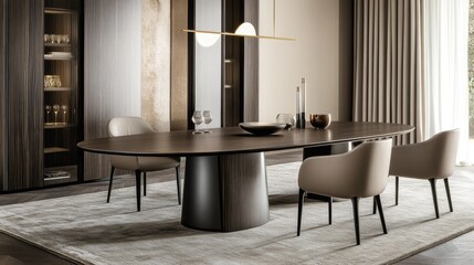 A sleek wooden dining table with a smooth finish, paired with strong, well-crafted chairs.