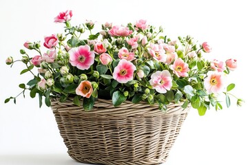 A wicker basket filled with fresh pink and white flowers