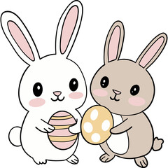 Easter Theme, Two cute bunnies holding decorated eggs in a playful scene.