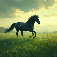 A digital illustration captures a galloping horse in mid-stride across a verdant field at sunset, with the warm hues of the setting sun casting a golden glow over the scene.