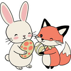 Easter Theme, Cute bunny and fox sharing decorated eggs in a playful scene.