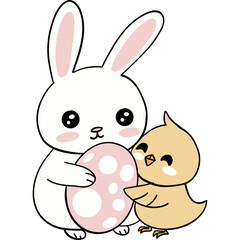 Easter Theme, Cute bunny and chick holding a decorated Easter egg together.
