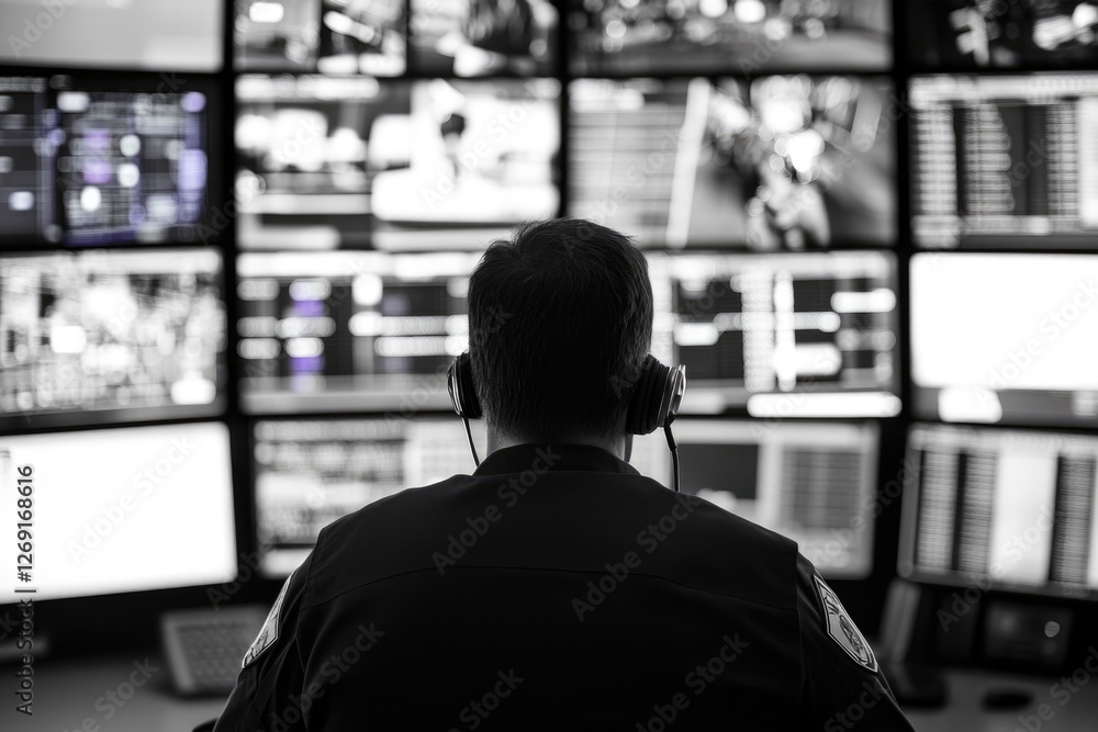 Poster a person sitting in front of multiple computer monitors