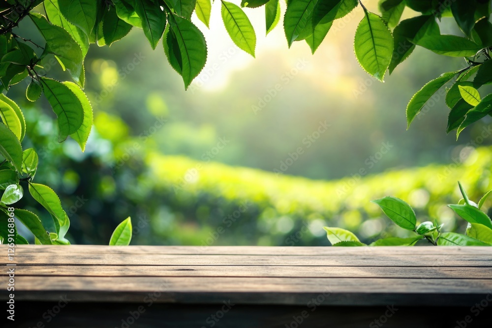 Poster A wooden table with green leaves in the background