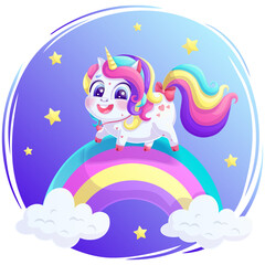 A cute, joyful unicorn stands on a rainbow. A charming animal with a bright mane and a golden horn on a dark blue background with stars.Vector illustration for design, prints and patterns.