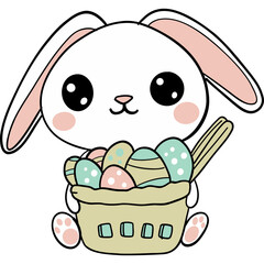 Easter Theme, Cute bunny with a basket of colorful Easter eggs.