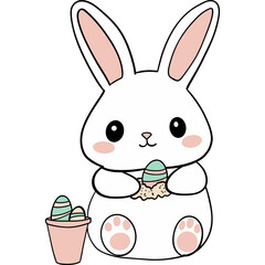 Easter Theme, Cute bunny holding an Easter egg with decorated eggs nearby.