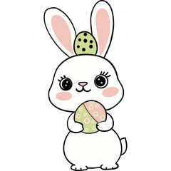 Easter Theme, Cute cartoon bunny holding a decorated egg with a green polka-dotted hat.