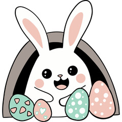 Easter Theme, Cute bunny with colorful eggs in a cozy burrow.
