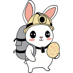 Easter Theme, Cute rabbit in a miner's hat holding a decorated egg.