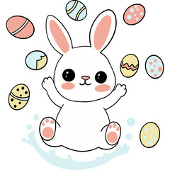 Easter Theme, Cute bunny surrounded by colorful Easter eggs in a playful scene.