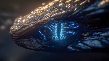 Electric Gaze: Close-up of reptilian eye with striking blue lightning effect.