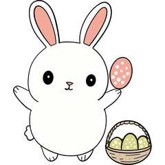 Easter Theme, Cute cartoon bunny holding an egg next to a basket of decorated eggs.