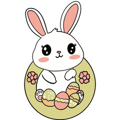 Easter Theme, Cute bunny surrounded by decorated Easter eggs and flowers.