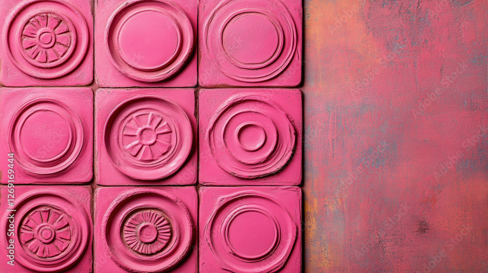 Poster bohemian background, textured pink tiles arranged in a grid with a gradient background.