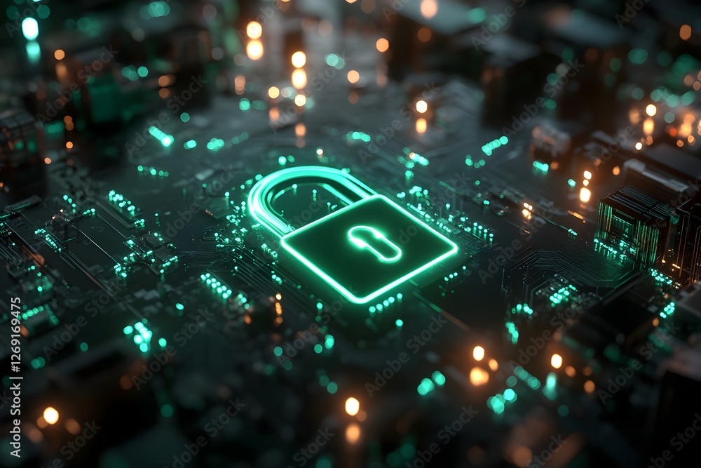Poster a glowing padlock symbol sits on a circuit board, representing digital security and technology in a 