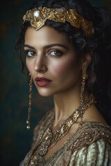 A woman wearing a gold headpiece and jewelry, ideal for use in luxury, beauty or lifestyle scenes