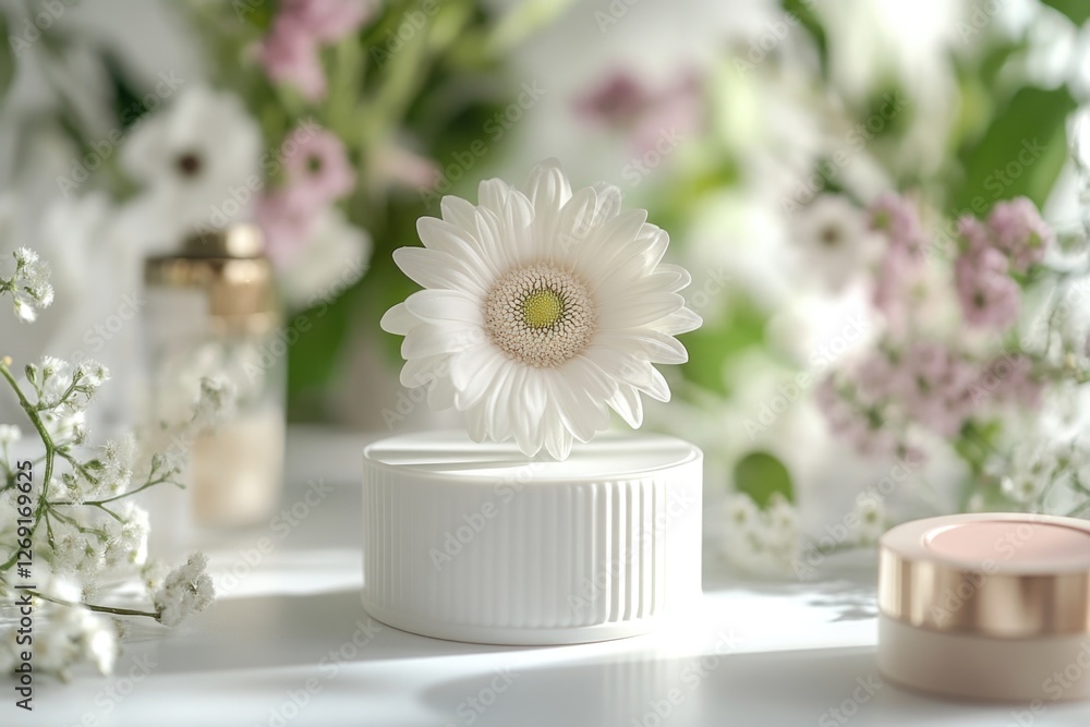 Poster a single white flower sits atop a white container in this simple yet elegant scene