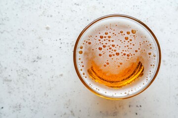 Top view of beer glass with foam on white background. AI image