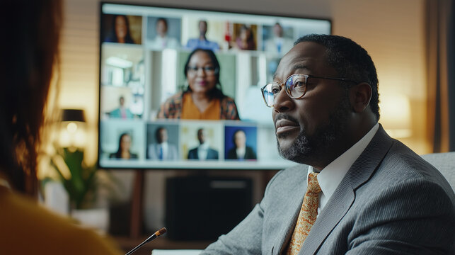 Virtual meeting in progress with diverse professionals on screen, BIPOC colleagues engaging in discussion