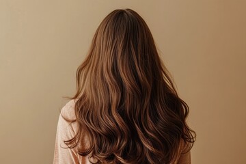 Fototapeta premium Portrait of a woman with long brown hair standing against a wall, suitable for use as a profile picture or illustration