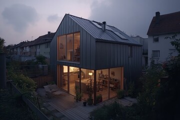 Fototapeta premium Modern House with Large Windows and Metal Siding at Dusk