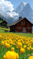 Alpine Meadow With Wooden Cabin And Mountains