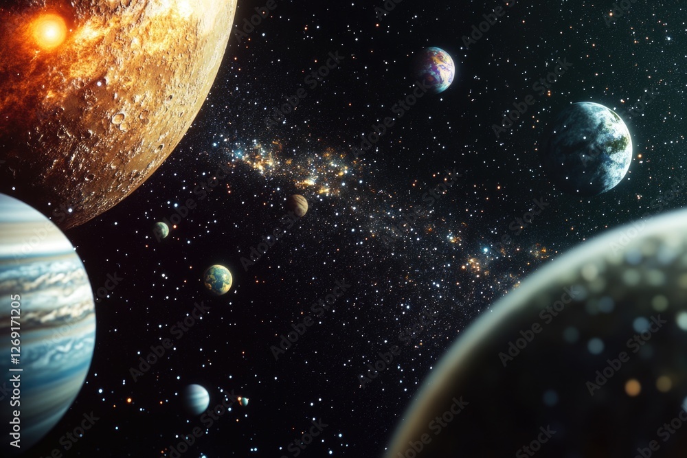 Poster A group of planets orbiting in deep space, suitable for science and technology projects