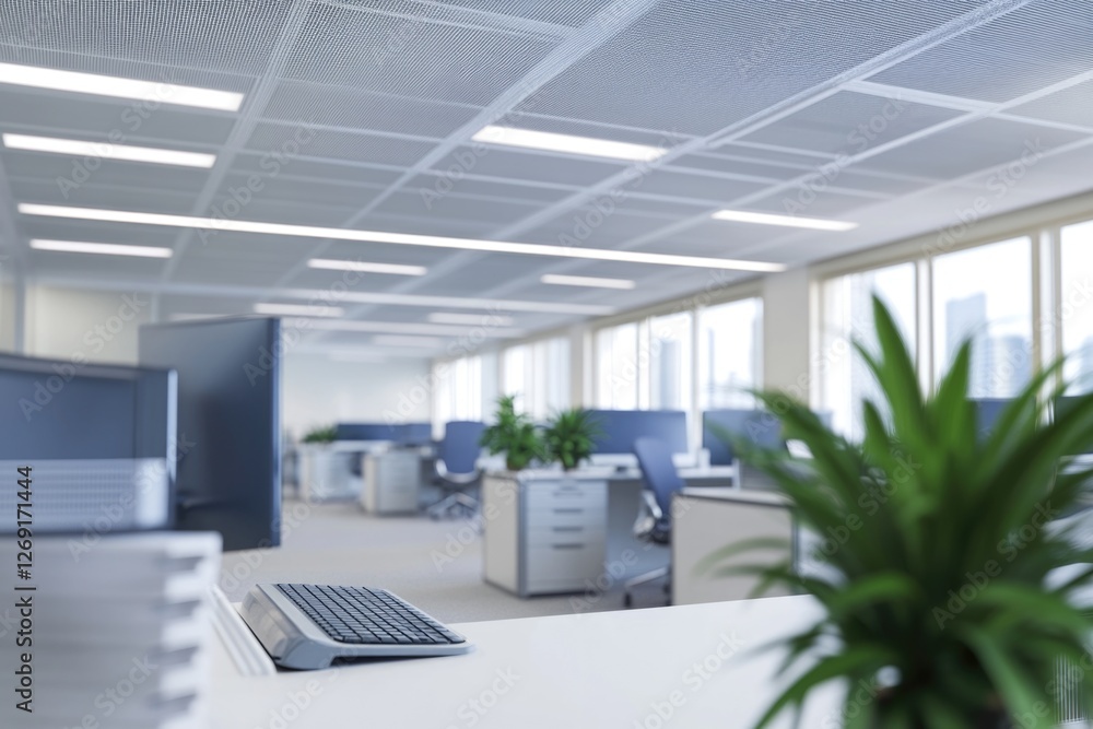 Poster a desk with a keyboard and a plant on it, great for office or home use