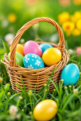 Easter eggs in a basket with flowers 