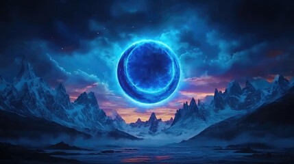 Fototapeta premium Mystical celestial event over frozen mountains digital art surreal environment epic viewpoint