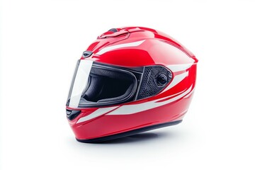 Fototapeta premium Glossy red moto helmet isolated on white background. AI image