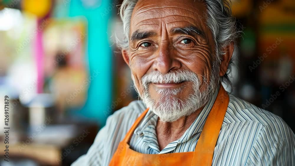 Poster man with a mustache and an orange apron is smiling. he is standing in front of a colorful wall