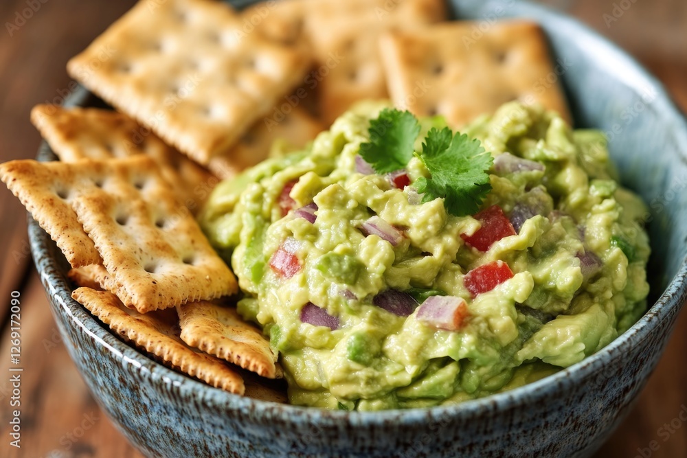 Poster fresh guacamole served with crunchy crackers on a table
