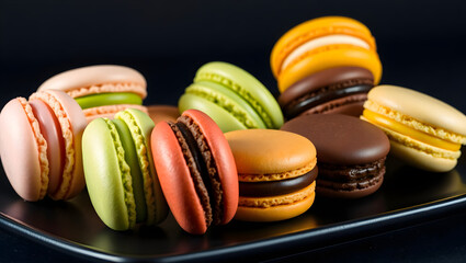  Modern minimalism concept Close-up of  colorful French dessert for coffee. Multicolored macarons or macaroons on dark 
 or black background.