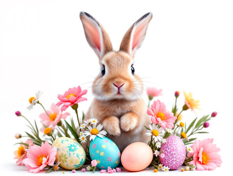 Easter bunny with flowers and easter eggs isolated on white background