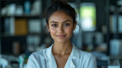Portrait of a Beautiful Mixed Ethnicity Woman in a Modern Lab Setting with a Bright Smile and Warm Expression