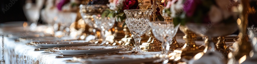 Poster a close-up view of a table set with wine glasses and plates, perfect for use in still life photograp