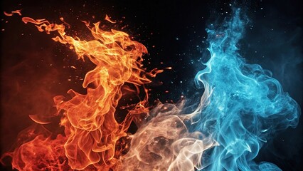Fototapeta premium Dynamic fire and ice energy concept showcasing contrasting flames in orange and blue creating a balanced abstract design on dark background