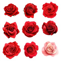 Detailed Illustration of Six Stages of Rose Blooms Showcasing Various Development Phases of Red and Light Pink Roses with Stems, Leaves, and Thorns