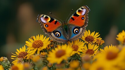 Obraz premium Peacock butterfly perched on yellow flowers, garden, blurred background, nature poster