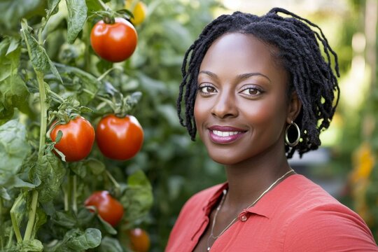 Portrait of a smiling African-American woman in a tomato garden