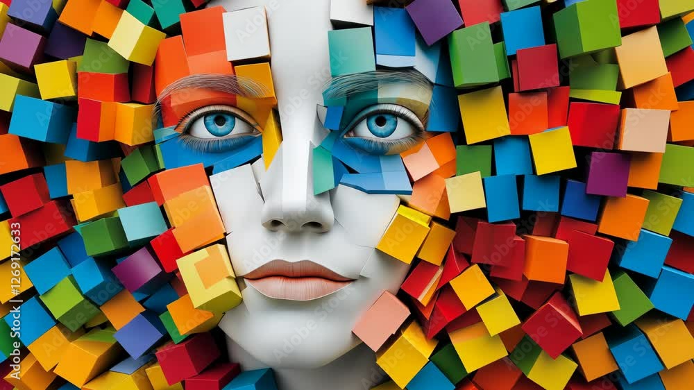 Poster colorful face made of blocks. the face is made of many different colored blocks, and it looks like a