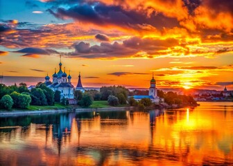 Obraz premium Silhouette Panorama: Volga River, Uglich, Russia - Majestic Sunset