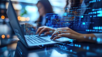 A person working on a computer with various codes and programming languages displayed on the screen