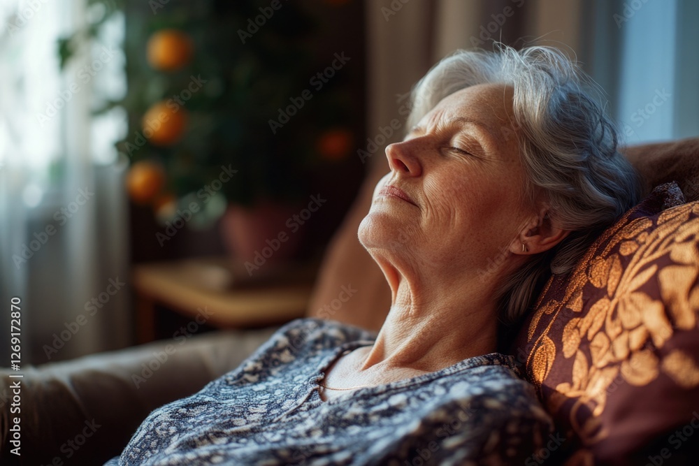 Poster a person resting on a sofa with eyes shut