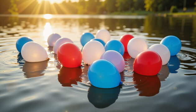 Colorful patriotic balloons floating on water during afternoon picnic, celebration